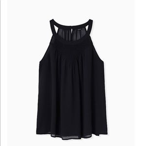 BLACK CHIFFON SMOCKED GODDESS TANK